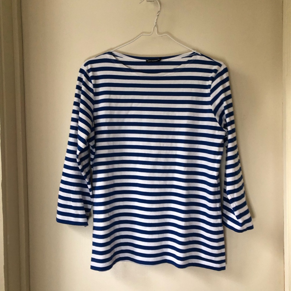 Marimekko Blue and White Striped 3/4 Sleeve Top